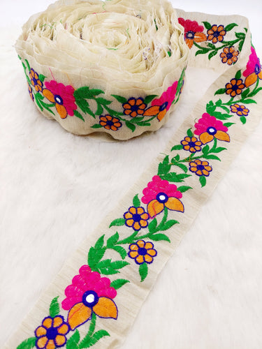 Beige Art Silk Fabric Trim With Pink and Yellow Floral Embroidery, Foil Mirror Embroider Trimming, Trim By The Yard